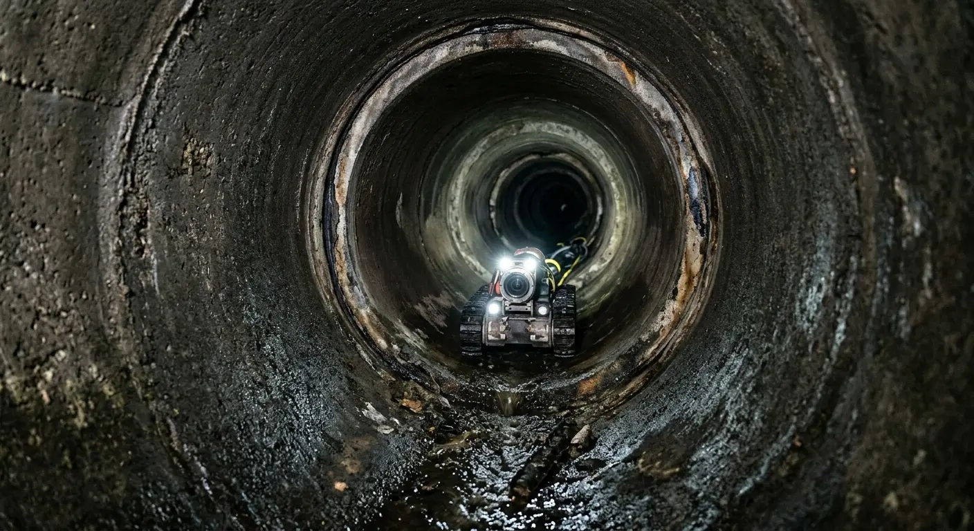Robotic sewer camera inspecting pipe interior for Sewer Line Cleaning in Belding