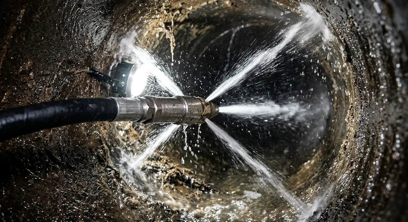 High-pressure hydro jetting nozzle cleaning sewer pipe for Emergency Drain Service in Belding