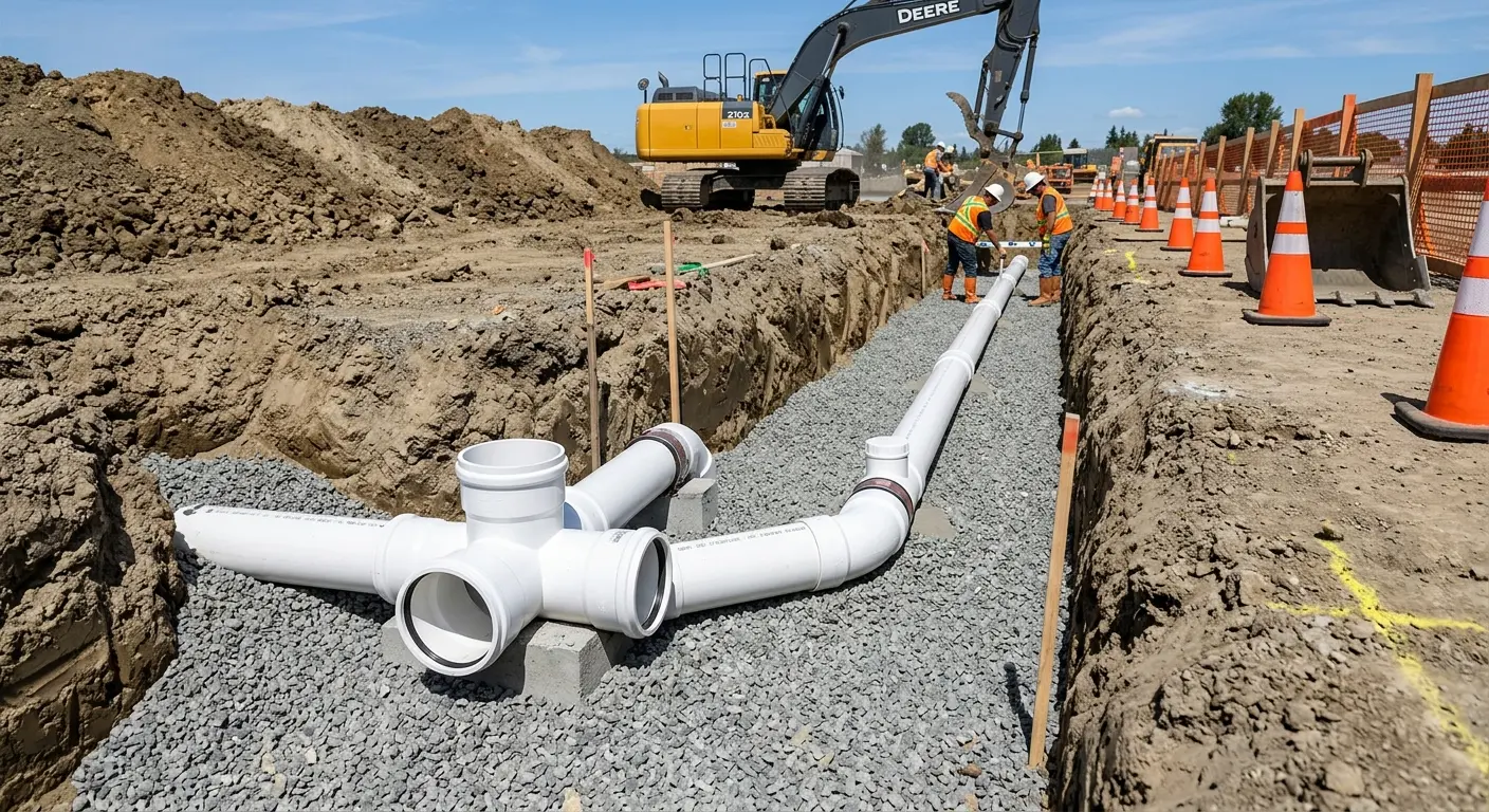 New PVC sewer pipe installation in open trench for Commercial Drain Cleaning in Belding