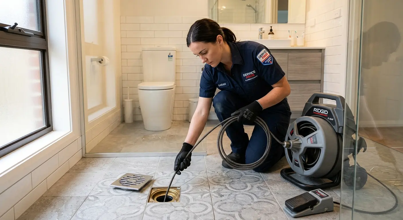 Technician clearing a bathroom floor drain for Clogged Drain Repair in Belding